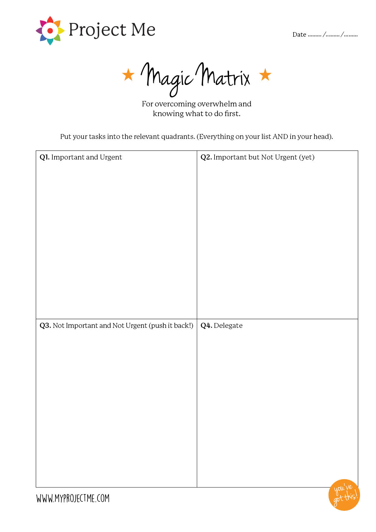 Magic Matrix action sheet from Project Me for Busy Mothers helps you get out of overwhelm fast